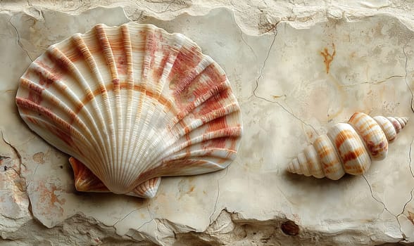 Shells and starfish on cream background. Selective focus.