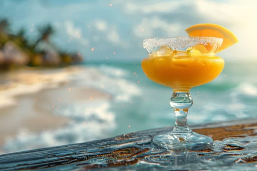 Tropical orange cocktail on a beach with sea in the background, garnished with a slice of orange, on a wooden surface.