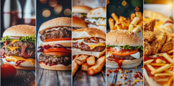 Vibrant collage of fast food items, featuring burgers and fries.