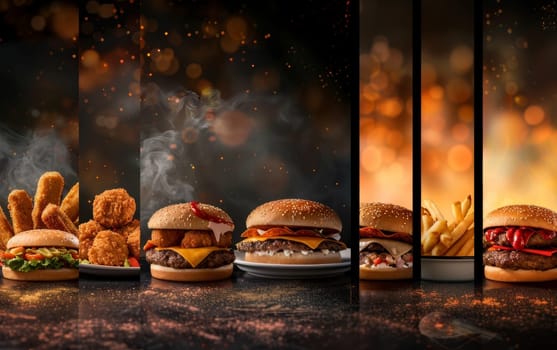 Assorted fast food items displayed in a row with a warm, bokeh background.