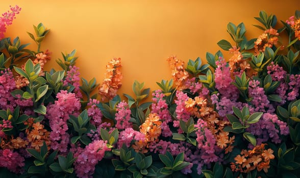 Purple and Orange Flowers on Yellow Wall. Selective focus.