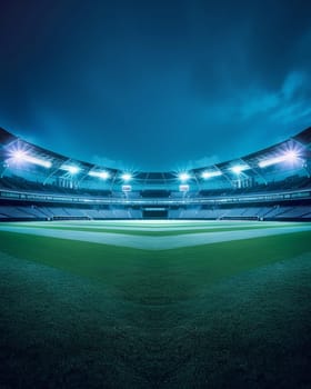 Illuminated, empty stadium at night with lush green field and bright floodlights.