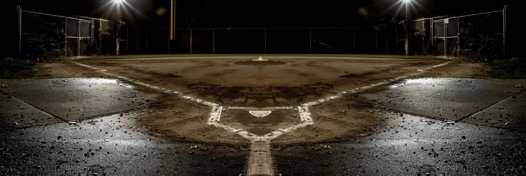 Nighttime view of an empty, illuminated baseball field with a symmetrical perspective.