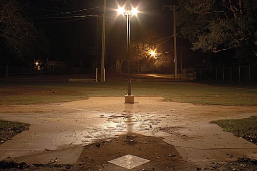 Nighttime view of an empty baseball field with illuminated floodlights and a home plate.