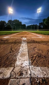 Low-angle view of a baseball field at dusk, with stadium lights in the background.