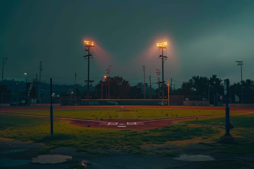 Nighttime view of an empty, illuminated baseball field under a moody sky.