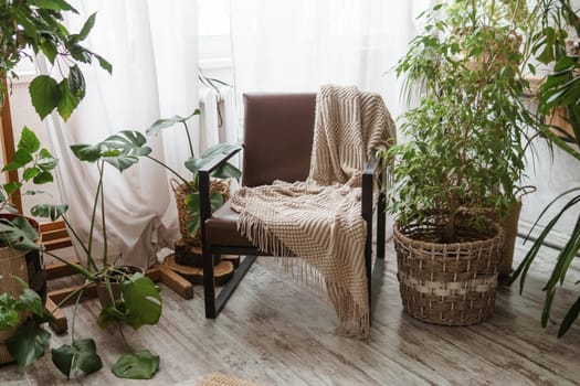 A fragment of the interior with a variety of indoor plants and plaster sculptures. Urban jungle concept. Biophilia design.