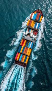 Aerial view of a cargo ship at sea, loaded with colorful containers, cutting through blue waters.