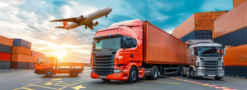 A dynamic scene of transportation logistics with a red container truck, a plane in flight, and stacked shipping containers, highlighting global trade and freight movement at sunset.