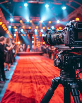 Professional camera on tripod at a red carpet event with blurred background of guests and lights.