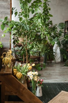 A fragment of the interior with a variety of indoor plants and plaster sculptures. Urban jungle concept. Biophilia design.