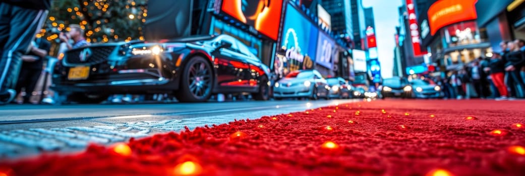 Low-angle view of an illuminated city street with vibrant billboards and cars, focus on a red carpet.