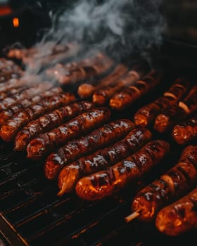 Close-up view of grilled sausages on a barbecue with smoke rising.