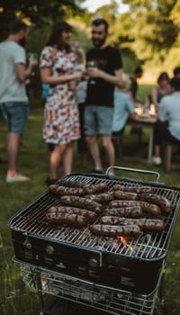 Outdoor summer barbecue party with friends, food grilling in a park at dusk.