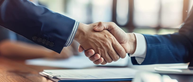 Two professionals in suits shaking hands, possibly closing a deal, over a blurred background.