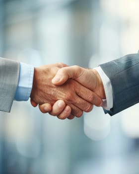 Two individuals in a firm handshake, symbolizing business agreement or partnership.