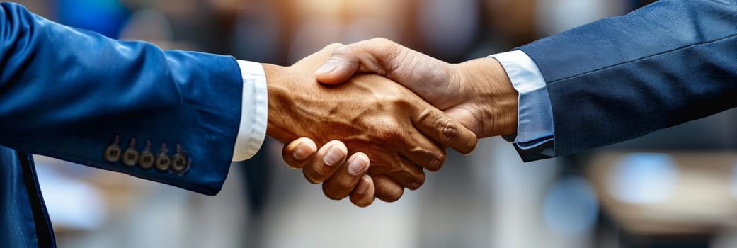 Two professionals in suits engaging in a firm handshake, symbolizing a business agreement.