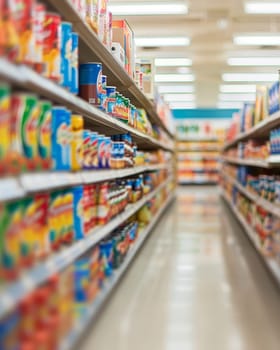 Aisle in a supermarket with various packaged products, focus on the center, blurred foreground and background.