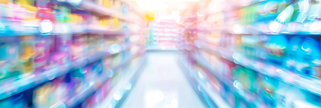 Blurred supermarket aisle with colorful shelves, highlighting the concept of consumerism and retail.