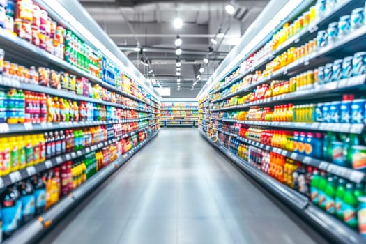 Brightly lit supermarket aisle with a variety of colorful products on shelves, creating a vibrant shopping atmosphere.