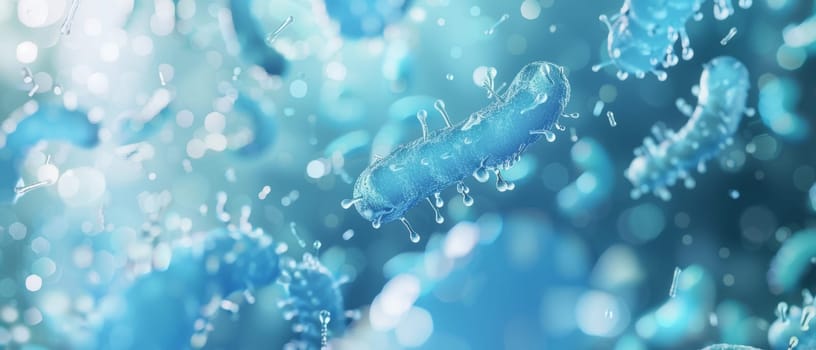 Abstract image of bacteria floating in a blue liquid with light bokeh effect.