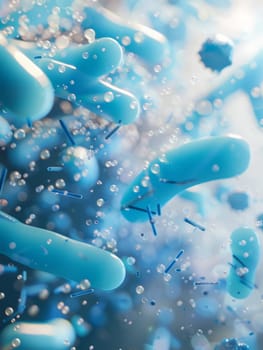 Abstract blue capsules with white particles on a blurred background, conveying a medical or scientific concept.