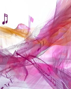 Abstract colorful music notes on dynamic lines over a white background.