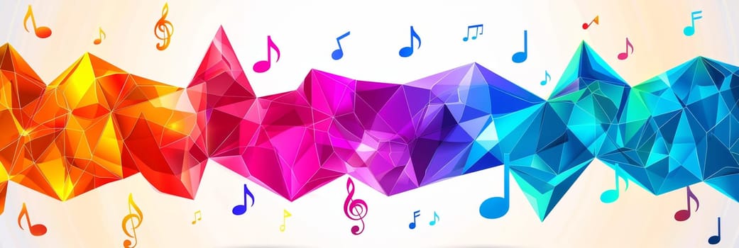 Vibrant abstract background with colorful geometric shapes and floating musical notes.