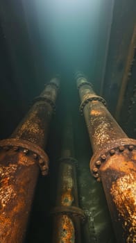 Underwater view of rusted pipelines leading upwards, with light filtering through murky water.