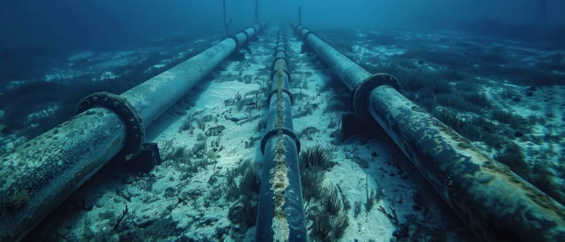 Underwater pipeline installation on seabed, showcasing industrial marine infrastructure in an oceanic environment.