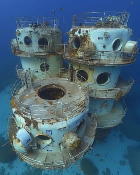 Underwater photo of a dilapidated multi-level structure with rust and marine growth.