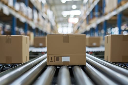 Cardboard box on conveyor belt in a distribution warehouse, focus on package with blurred shelves.