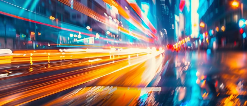 Vibrant long exposure shot of city traffic at night with light trails and urban glow.