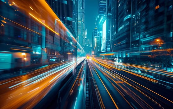 Night cityscape with vibrant blue tones, light trails from moving traffic, and modern architecture.