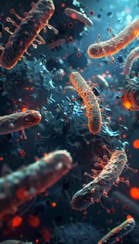 3D illustration of vibrant colored bacteria or microorganisms on a dark background, depicting microbiology, health, and science.