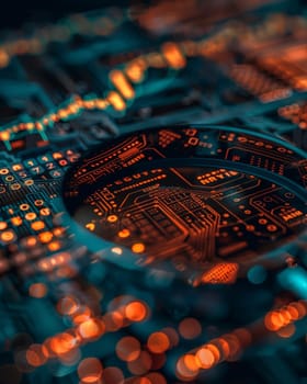 Close-up of a circuit board with glowing blue and orange hues, highlighting technology intricate beauty.