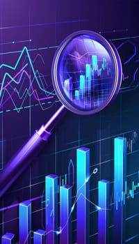 Vibrant stock market graphics with magnifying glass highlighting financial growth.