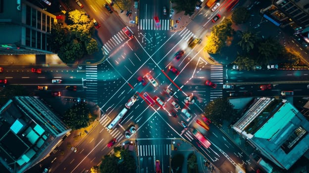 Aerial view of a bustling intersection at night, with glowing traffic lights and vibrant urban life.