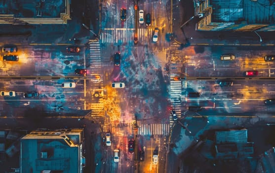 Aerial view of a busy intersection with diverse vehicles and colorful street markings at dusk.