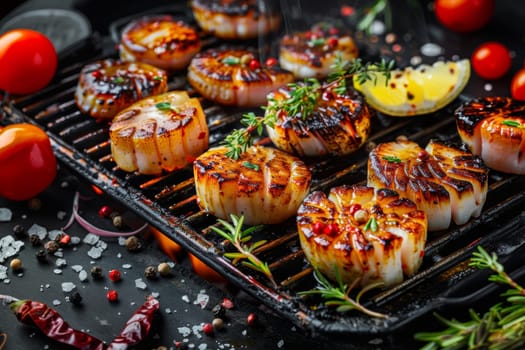 Grilled scallops on a cast iron grill pan, garnished with herbs and spices.