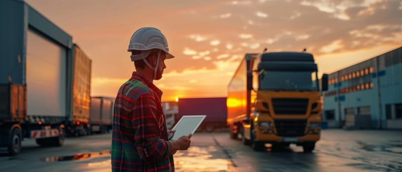 Worker with tablet during sunset in an industrial area, with trucks and a warehouse in the background.