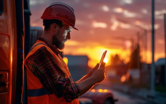 A construction worker in a hard hat and safety vest uses a tablet at sunset, symbolizing technology integration in construction, industry, and remote work management.