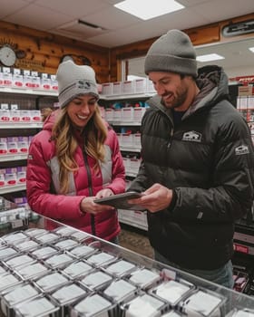 Two customers browsing products in a store, one holding a tablet.