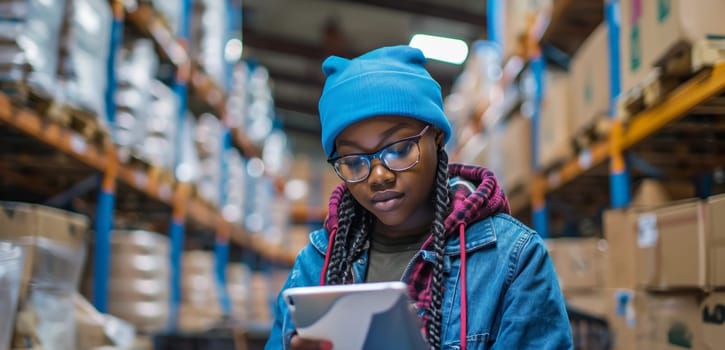 A young woman wearing a blue hat stands in a well-lit warehouse, focusing on her tablet as she works. The warehouse is filled with boxes and crates, creating a bustling industrial atmosphere.