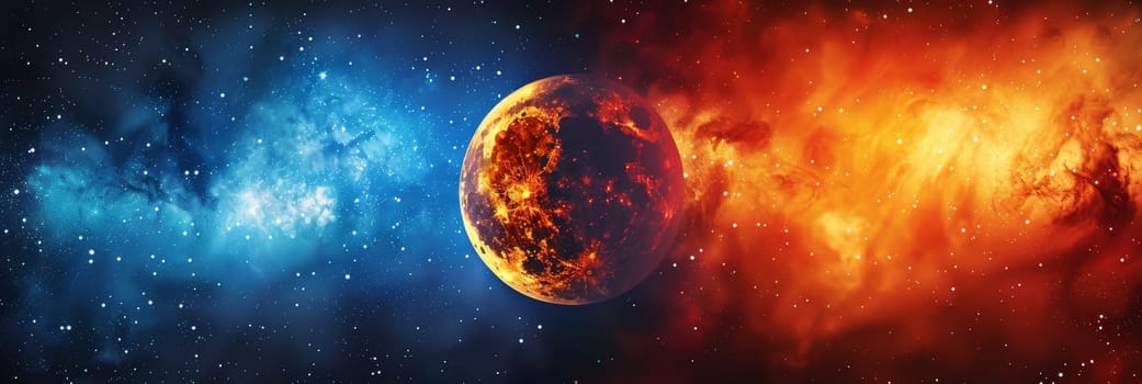 Vivid image of a planet caught between contrasting blue and fiery red nebulae, symbolizing cosmic balance.