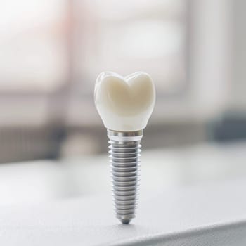 Close-up of a dental implant with a heart-shaped crown on a blurred background.