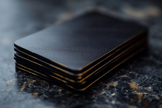 Stack of realistic black cards on a black surface. Blank template, card mockup.