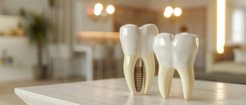 Two model teeth on a table, one with a dental implant, in a bright room.