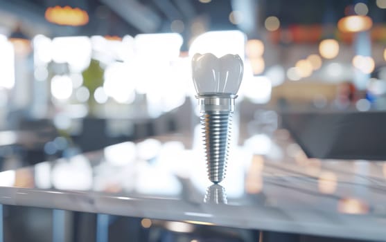 A detailed dental implant model placed on a glass surface, with a blurred clinic background.