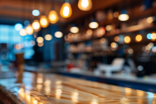 Blurred interior of a modern cafe with bokeh lights and wooden bar counter.